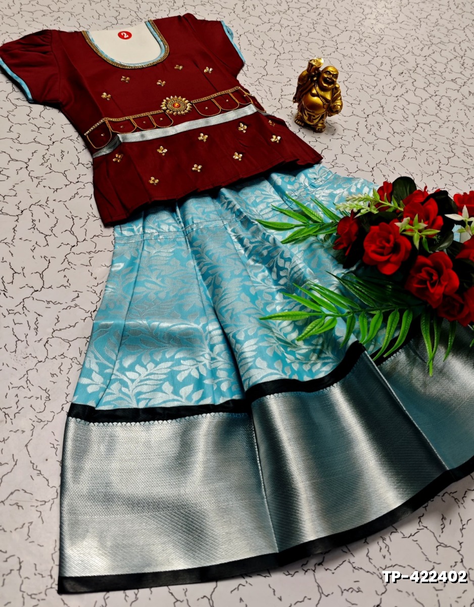 FESTIVAL AND FUNCTION WEAR TRADITIONAL KIDS PATTU PAVADAI STONE WORK DESIGN  - MERUN (3)