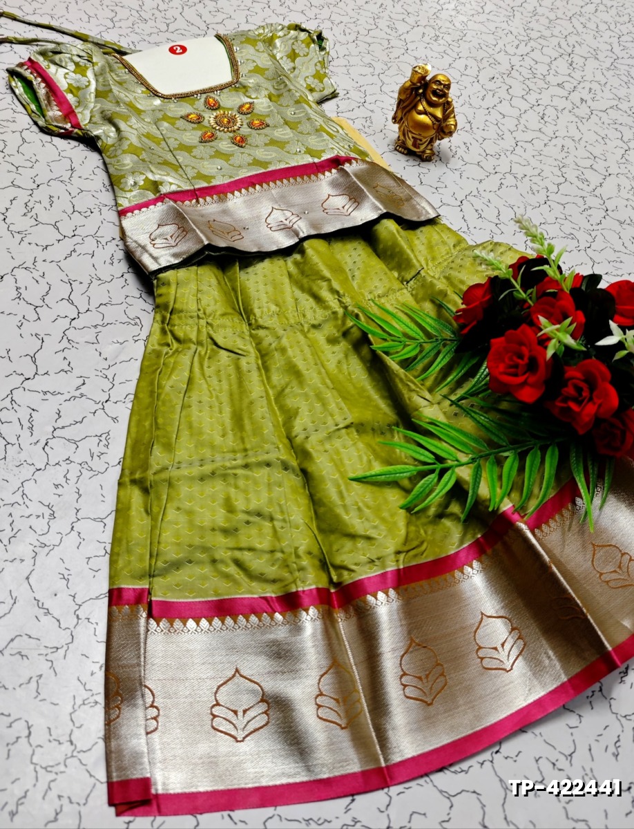 FESTIVAL AND FUNCTION WEAR TRADITIONAL KIDS PATTU PAVADAI STONE WORK DESIGN  - LIGHT GREEN (1)