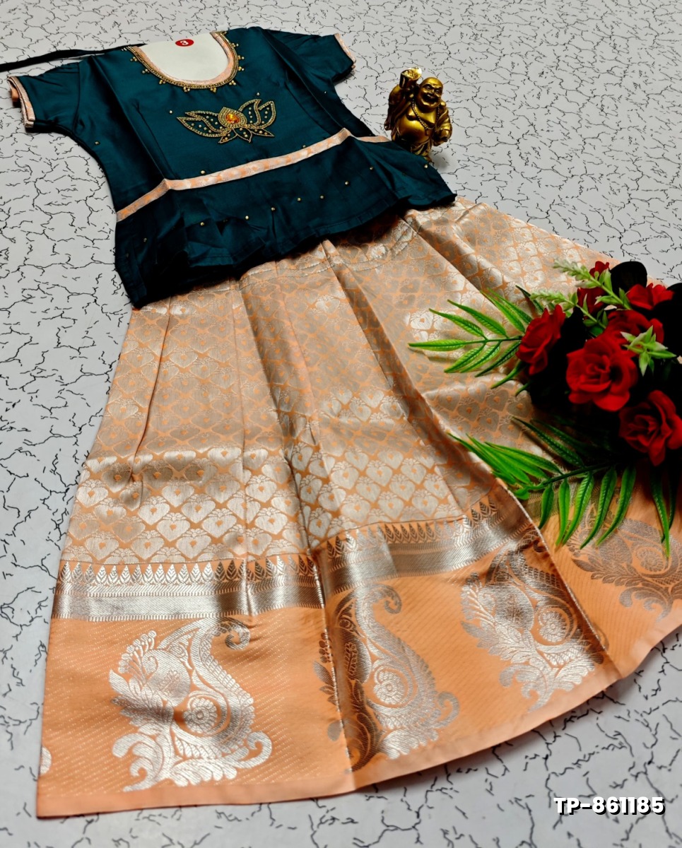 FESTIVAL AND FUNCTION WEAR TRADITIONAL KIDS PATTU PAVADAI STONE WORK DESIGN  - BLUE SHADE (3)
