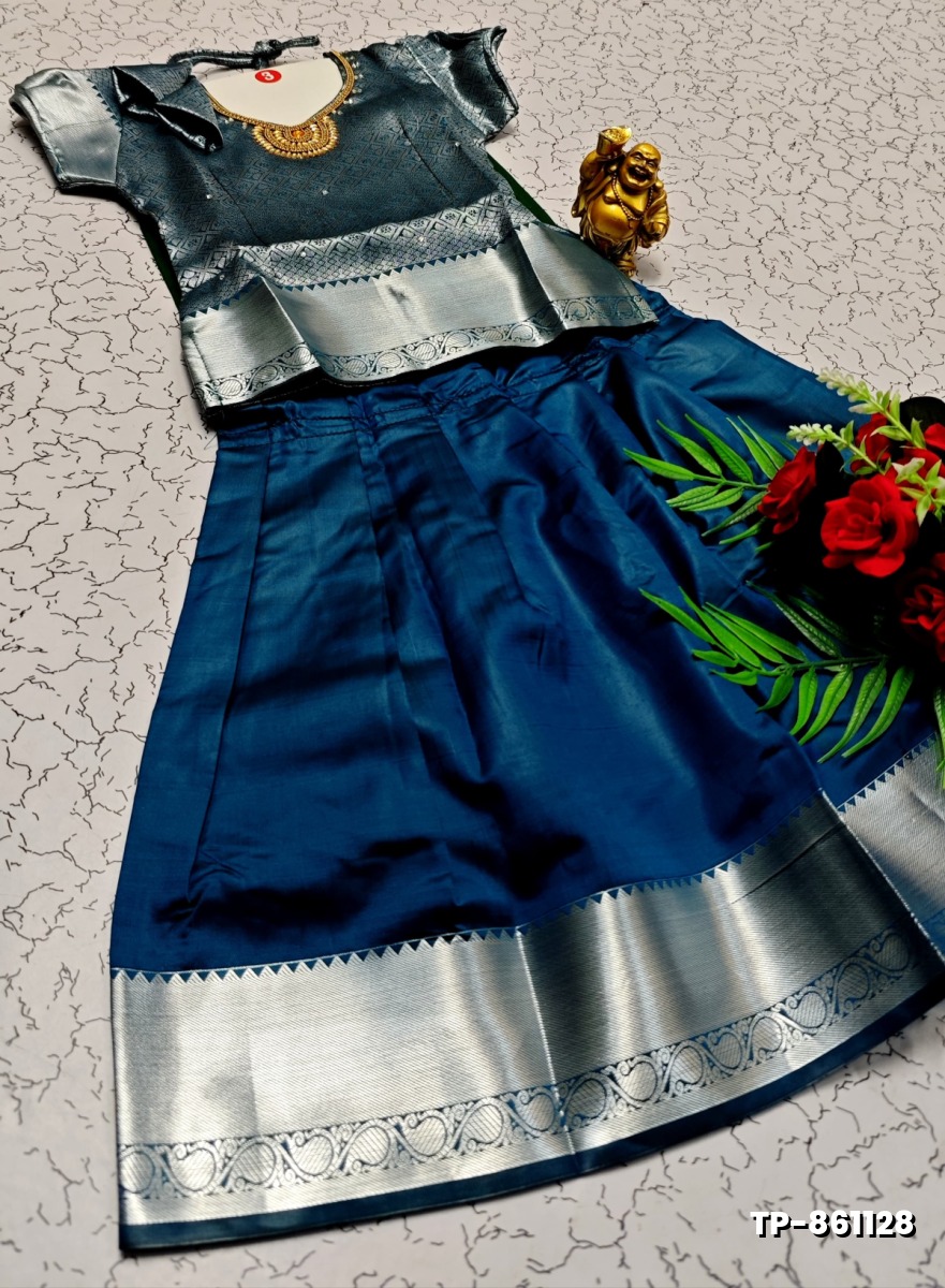 FESTIVAL AND FUNCTION WEAR TRADITIONAL KIDS PATTU PAVADAI STONE WORK DESIGN  - BULE (4)