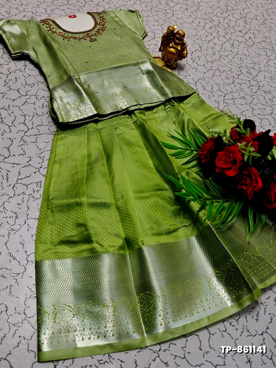 FESTIVAL AND FUNCTION WEAR TRADITIONAL KIDS PATTU PAVADAI STONE WORK DESIGN - LIGHT GREEN (2)