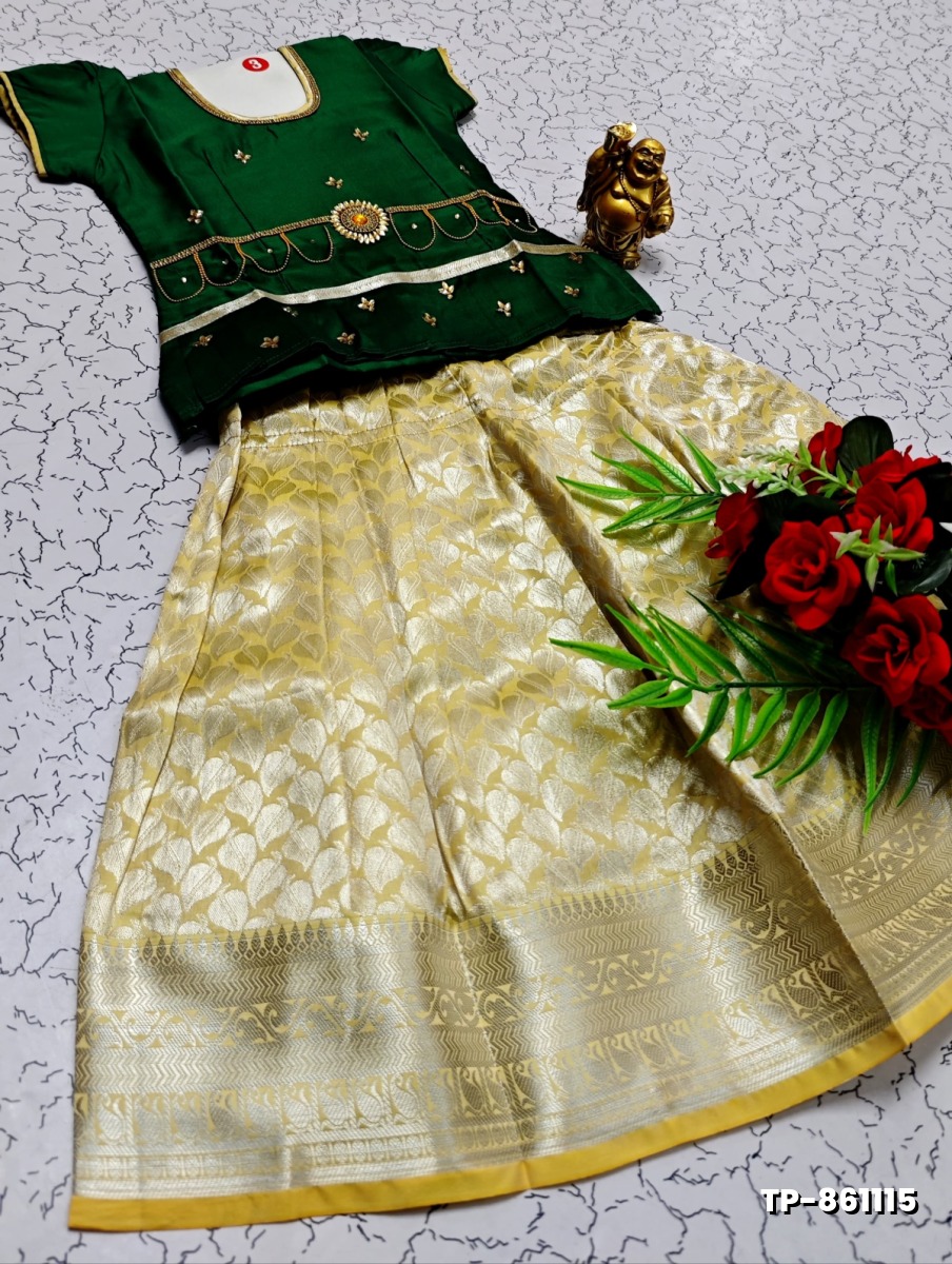 FESTIVAL AND FUNCTION WEAR TRADITIONAL KIDS PATTU PAVADAI STONE WORK DESIGN - GREEN (6)