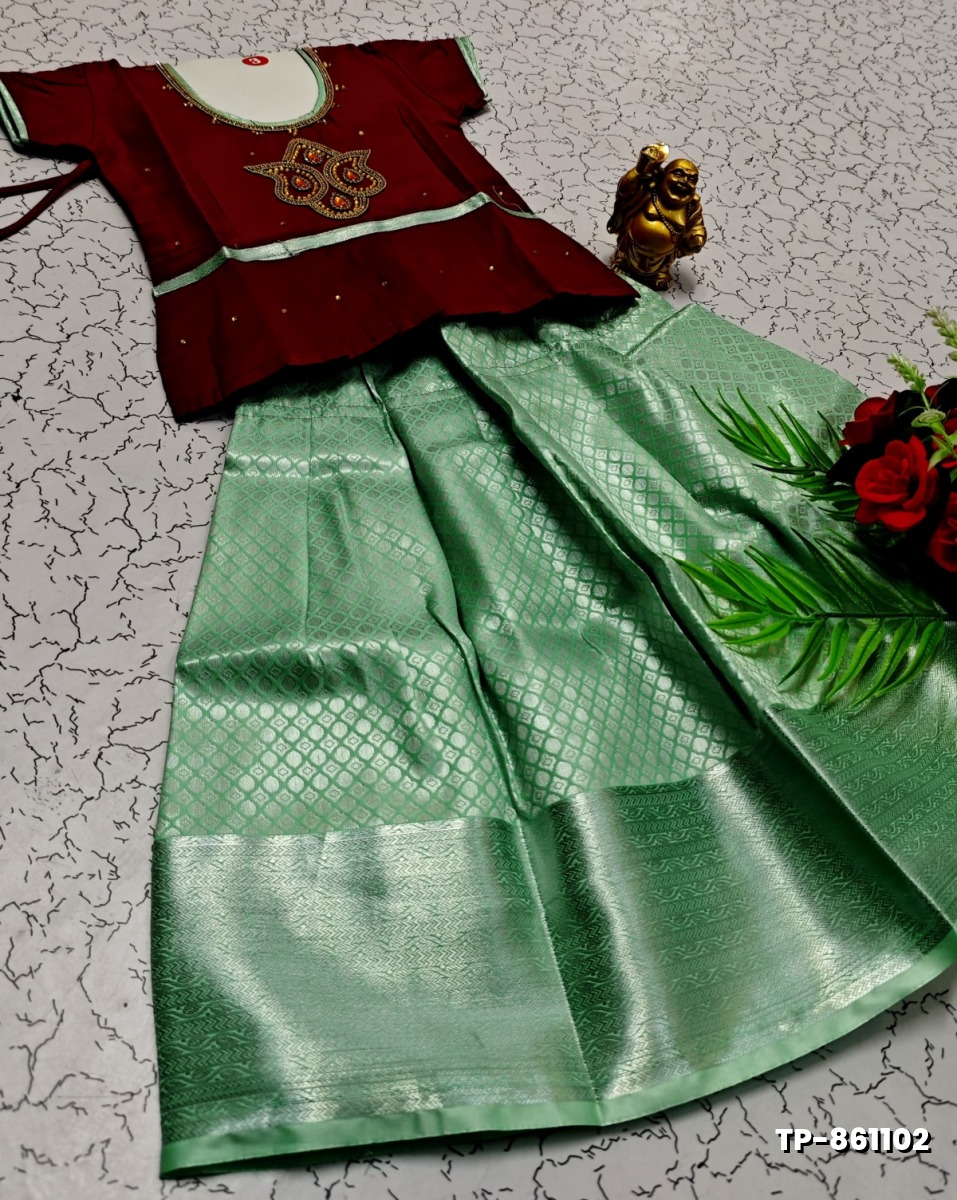 FESTIVAL AND FUNCTION WEAR TRADITIONAL KIDS PATTU PAVADAI STONE WORK DESIGN  - MERUN (4)