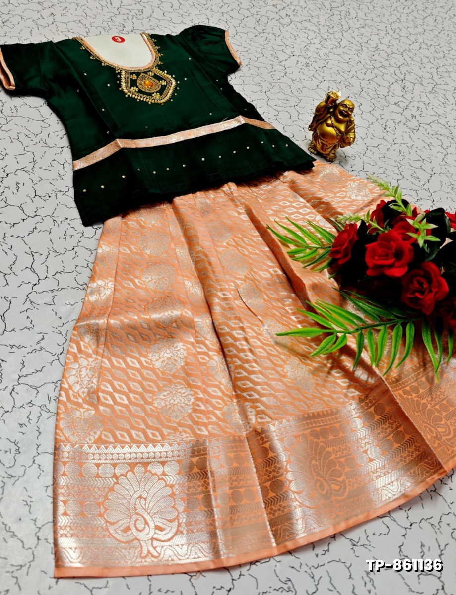 FESTIVAL AND FUNCTION WEAR TRADITIONAL KIDS PATTU PAVADAI STONE WORK DESIGN  - BOTTLE GREEN (2)