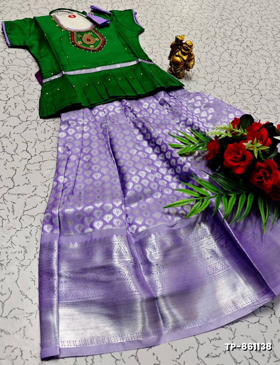 FESTIVAL AND FUNCTION WEAR TRADITIONAL KIDS PATTU PAVADAI STONE WORK DESIGN  - DARK GREEN (1)