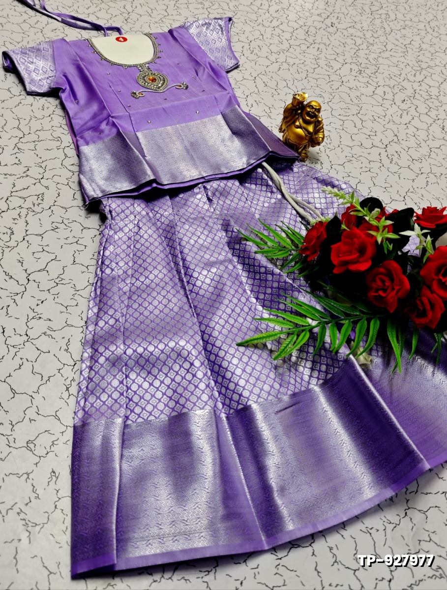 FESTIVAL AND FUNCTION WEAR TRADITIONAL KIDS PATTU PAVADAI STONE WORK DESIGN - MAUVE COLOUR