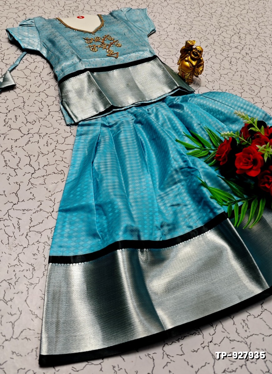 FESTIVAL AND FUNCTION WEAR TRADITIONAL KIDS PATTU PAVADAI STONE WORK DESIGN - DARK SKY BLUE