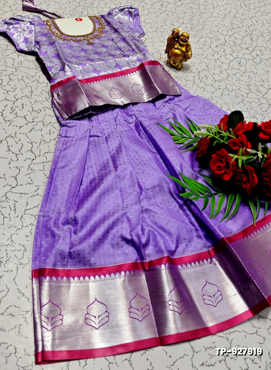 FESTIVAL AND FUNCTION WEAR TRADITIONAL KIDS PATTU PAVADAI STONE WORK DESIGN - LEVENDOR