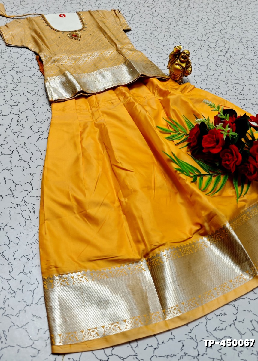 FESTIVAL AND FUNCTION WEAR TRADITIONAL KIDS PATTU PAVADAI STONE WORK DESIGN - GOLD COLOUR