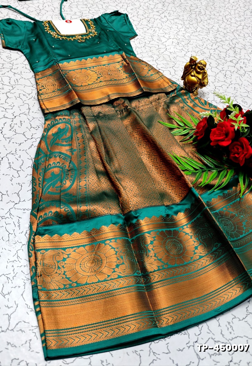 FESTIVAL AND FUNCTION WEAR TRADITIONAL KIDS PATTU PAVADAI STONE WORK DESIGN - TEAL COLOUR