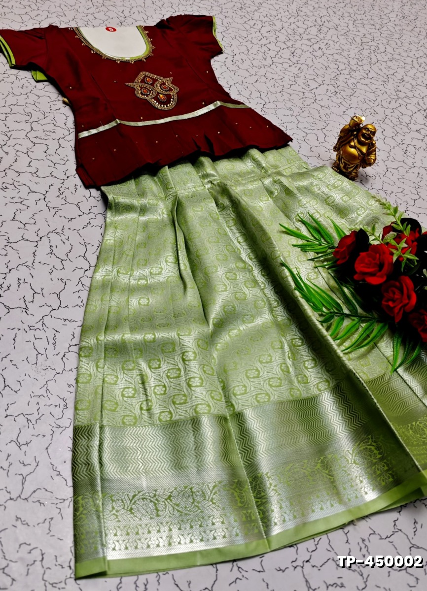 FESTIVAL AND FUNCTION WEAR TRADITIONAL KIDS PATTU PAVADAI STONE WORK DESIGN - MERUN