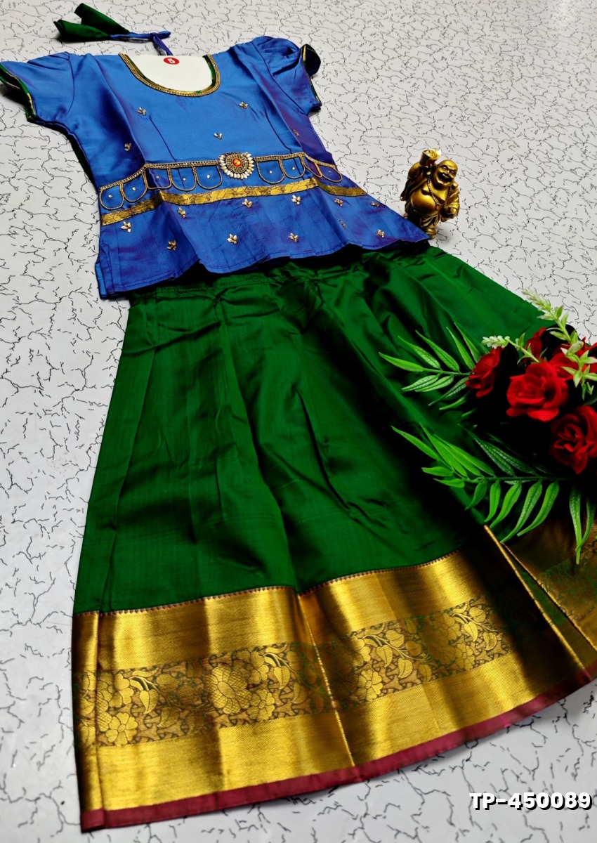 FESTIVAL AND FUNCTION WEAR TRADITIONAL KIDS PATTU PAVADAI STONE WORK DESIGN - BLUE COLOUR