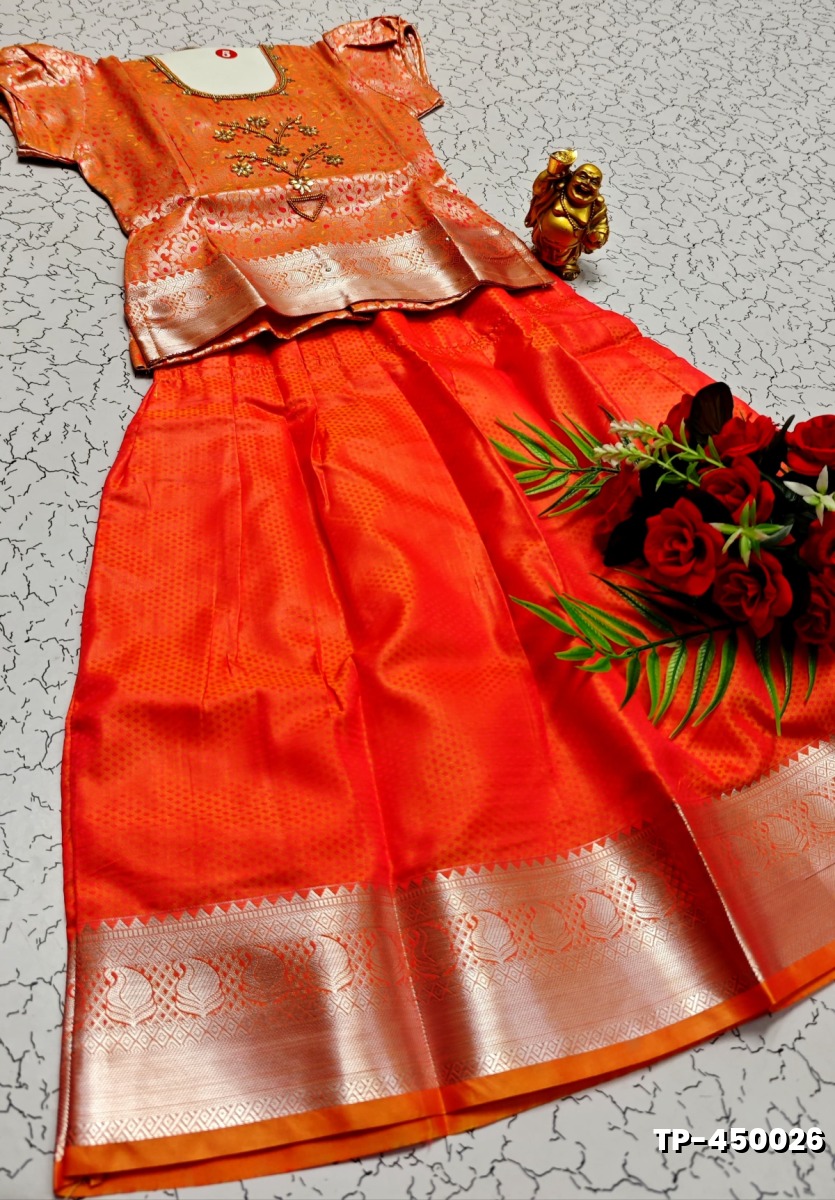 FESTIVAL AND FUNCTION WEAR TRADITIONAL KIDS PATTU PAVADAI STONE WORK DESIGN - ORANGE N