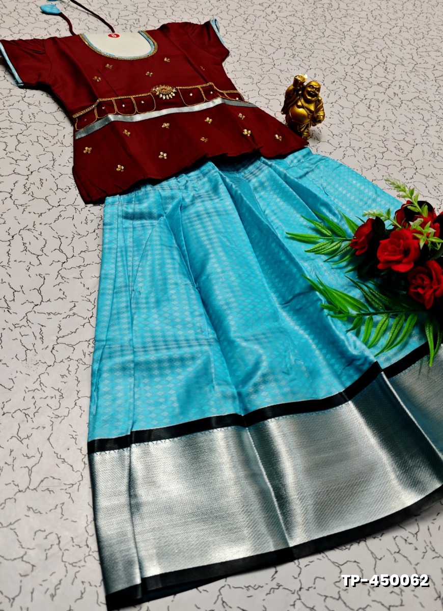 FESTIVAL AND FUNCTION WEAR TRADITIONAL KIDS PATTU PAVADAI STONE WORK DESIGN - MAROON COLOR