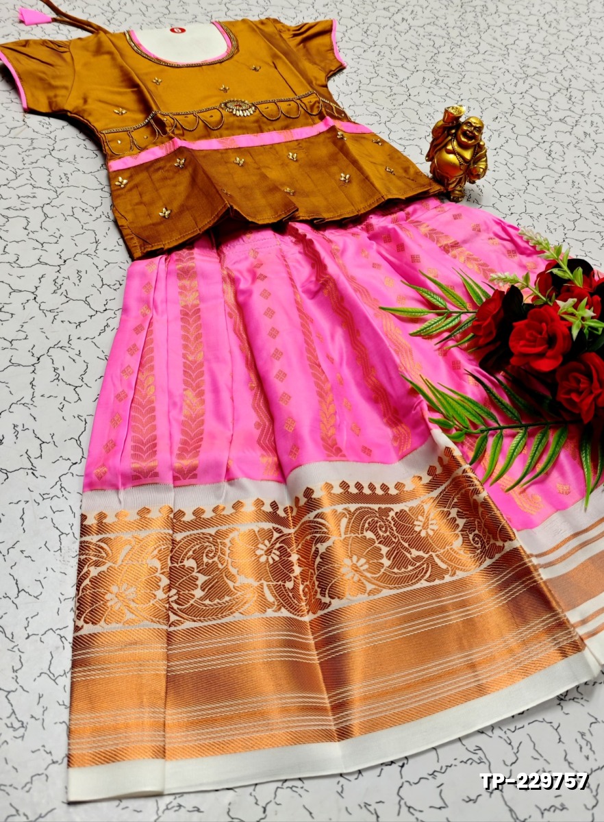 FESTIVAL AND FUNCTION WEAR TRADITIONAL KIDS PATTU PAVADAI STONE WORK DESIGN - LIGHT ORANGE