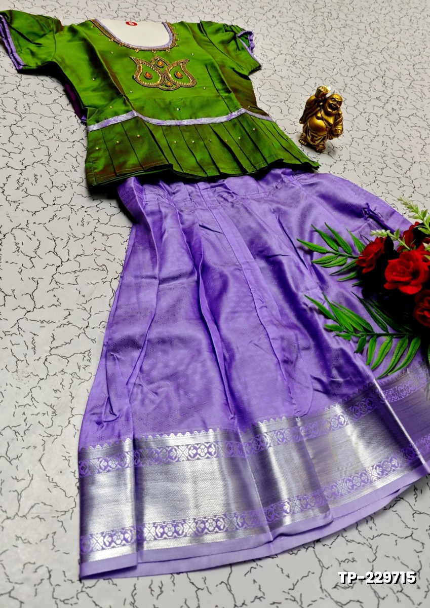 FESTIVAL AND FUNCTION WEAR TRADITIONAL KIDS PATTU PAVADAI STONE WORK DESIGN - GREEN