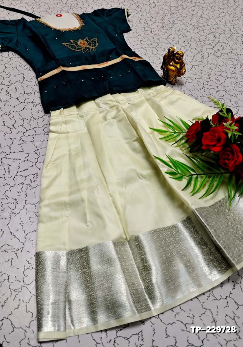 FESTIVAL AND FUNCTION WEAR TRADITIONAL KIDS PATTU PAVADAI STONE WORK DESIGN - BULE