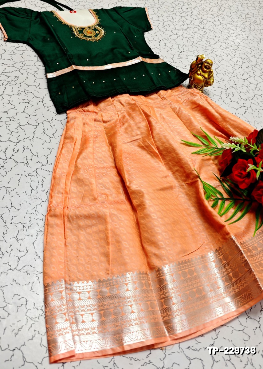 FESTIVAL AND FUNCTION WEAR TRADITIONAL KIDS PATTU PAVADAI STONE WORK DESIGN - BOTTLE GREEN
