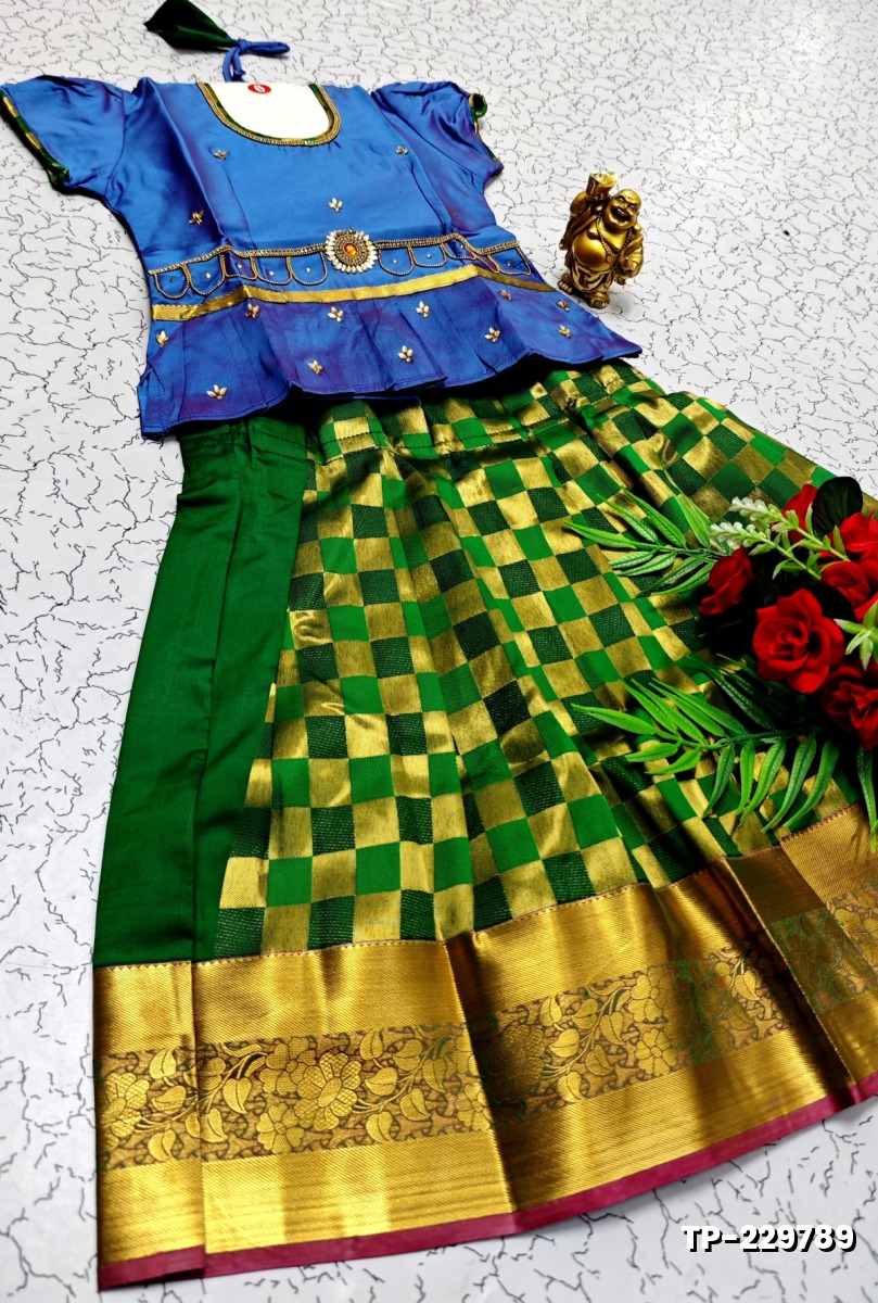 FESTIVAL AND FUNCTION WEAR TRADITIONAL KIDS PATTU PAVADAI STONE WORK DESIGN - BLUE COLOUR (1)