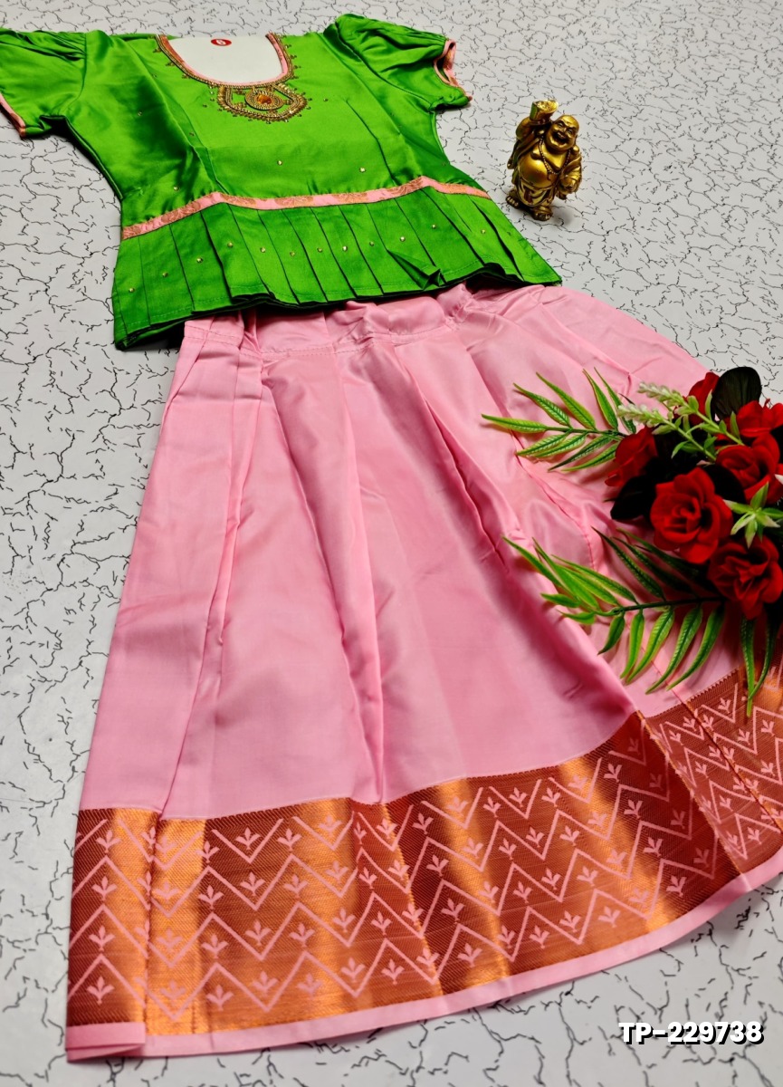 FESTIVAL AND FUNCTION WEAR TRADITIONAL KIDS PATTU PAVADAI STONE WORK DESIGN - DARK GREEN