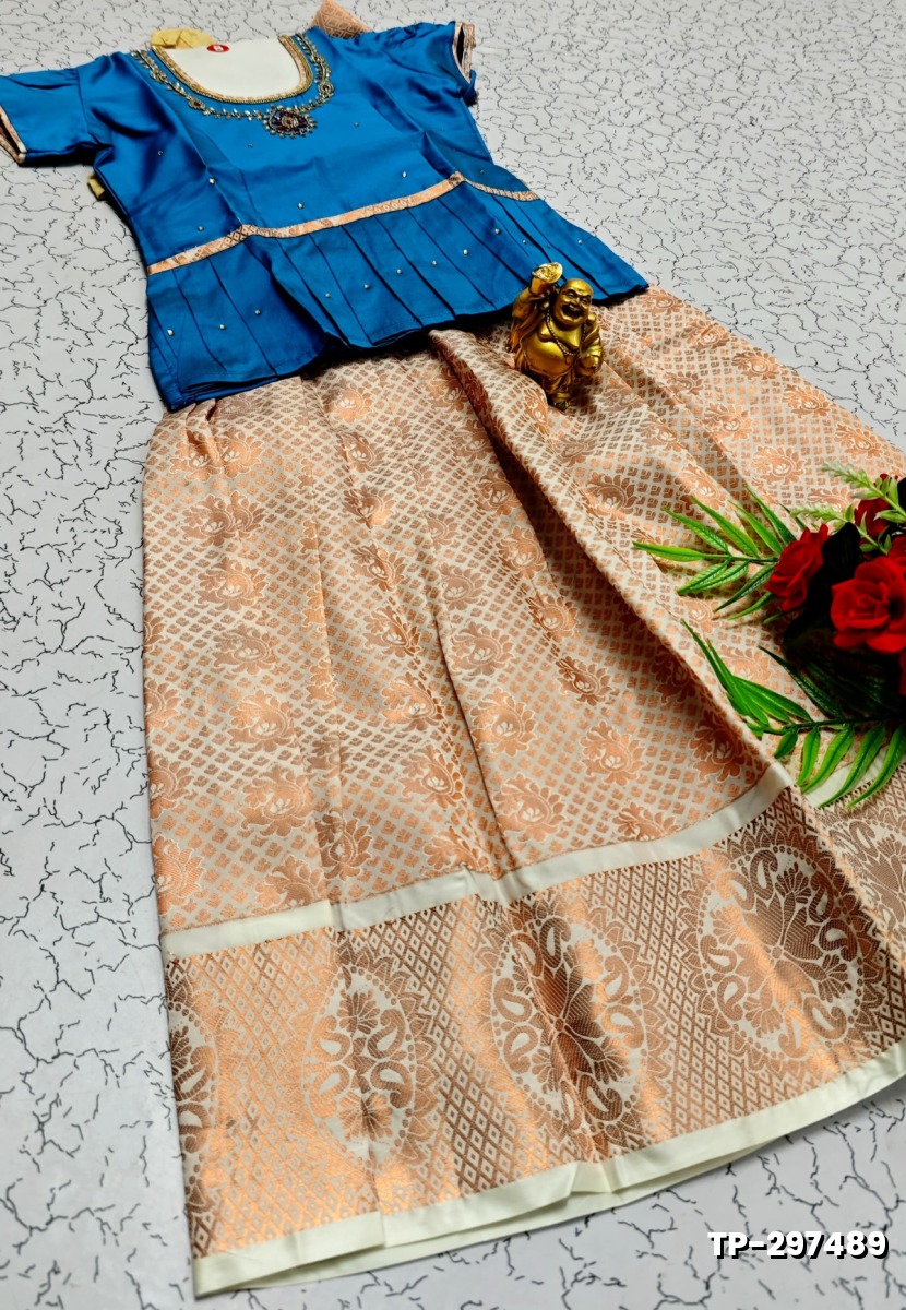FESTIVAL AND FUNCTION WEAR TRADITIONAL KIDS PATTU PAVADAI STONE WORK DESIGN - BLUE COLOUR (3)