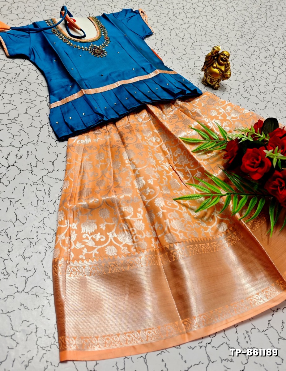 FESTIVAL AND FUNCTION WEAR TRADITIONAL KIDS PATTU PAVADAI STONE WORK DESIGN  - BLUE COLOUR (3)