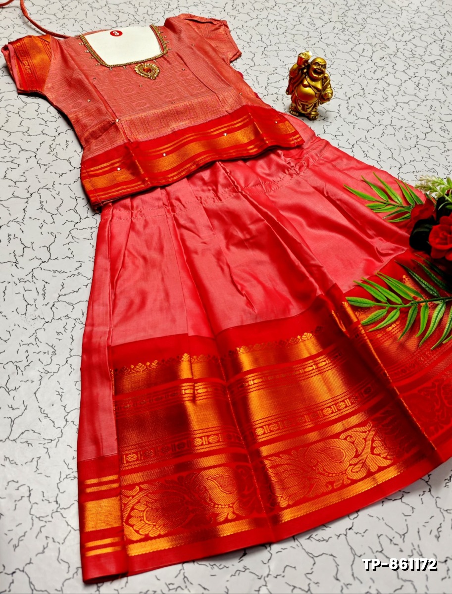 FESTIVAL AND FUNCTION WEAR TRADITIONAL KIDS PATTU PAVADAI STONE WORK DESIGN  - CORAL COLOUR (5)