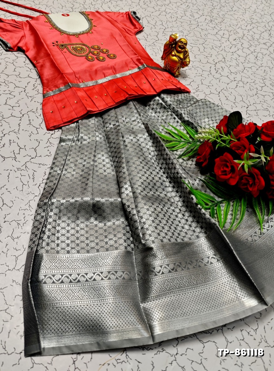 FESTIVAL AND FUNCTION WEAR TRADITIONAL KIDS PATTU PAVADAI STONE WORK DESIGN - PEACH
