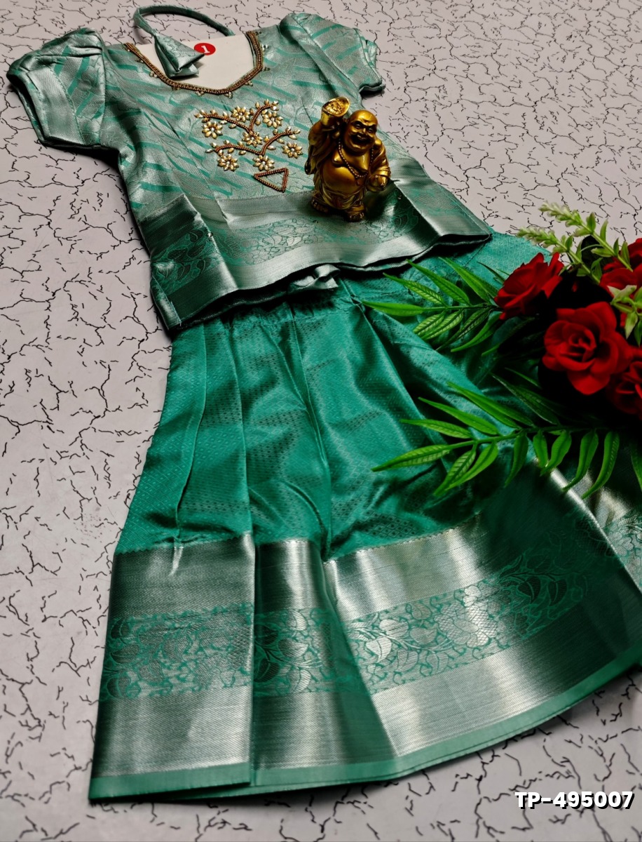 FESTIVAL AND FUNCTION WEAR TRADITIONAL KIDS PATTU PAVADAI STONE WORK DESIGN - TEAL COLOUR (1)