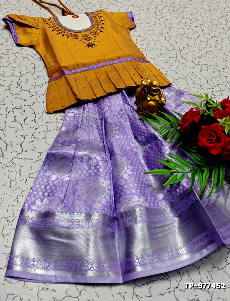 FESTIVAL AND FUNCTION WEAR TRADITIONAL KIDS PATTU PAVADAI STONE WORK DESIGN - VENTHAYA COLOUR (1)