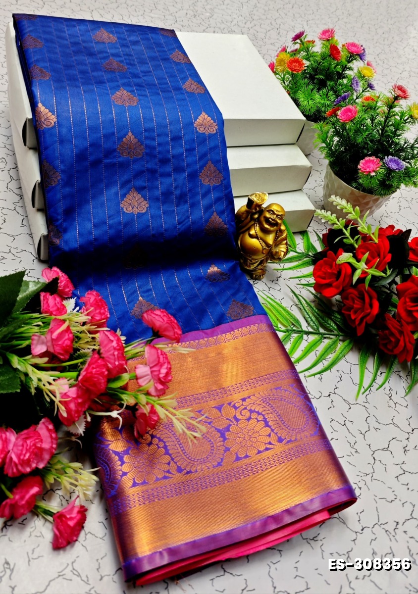 BRIDAL SILK GOLD SILVAR AND COPPER ZARI WEAVE AND WEDDING ART SILK SAREES - NORMAL  BLUE