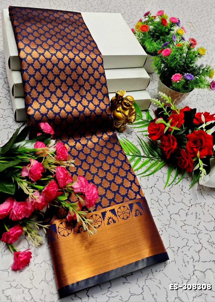 BRIDAL SILK GOLD SILVAR AND COPPER ZARI WEAVE AND WEDDING ART SILK SAREES - NAVY COLOUR (1)