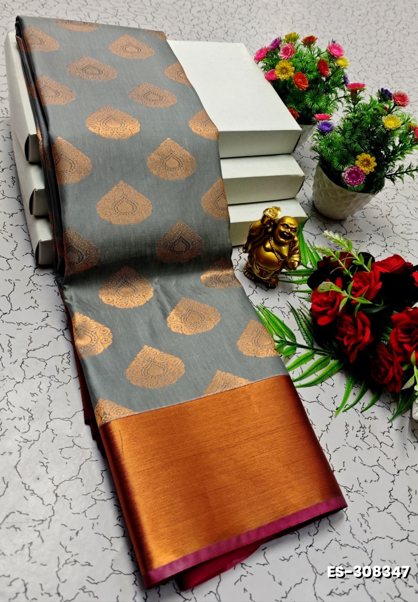BRIDAL SILK GOLD SILVAR AND COPPER ZARI WEAVE AND WEDDING ART SILK SAREES - GRAY (1)