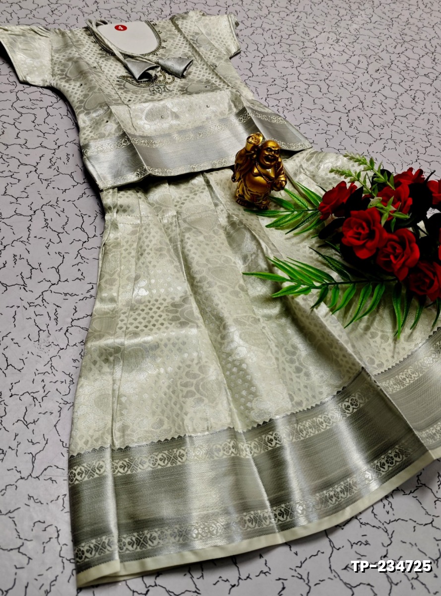 FESTIVAL AND FUNCTION WEAR TRADITIONAL KIDS PATTU PAVADAI STONE WORK DESIGN - WHITE