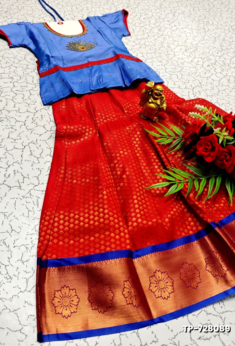 FESTIVAL AND FUNCTION WEAR TRADITIONAL KIDS PATTU PAVADAI STONE WORK DESIGN - BLUE COLOUR (4)
