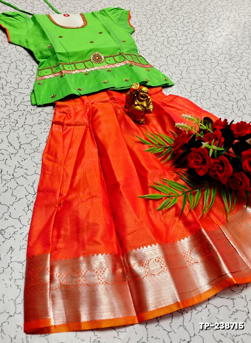 FESTIVAL AND FUNCTION WEAR TRADITIONAL KIDS PATTU PAVADAI STONE WORK DESIGN - GREEN (2)
