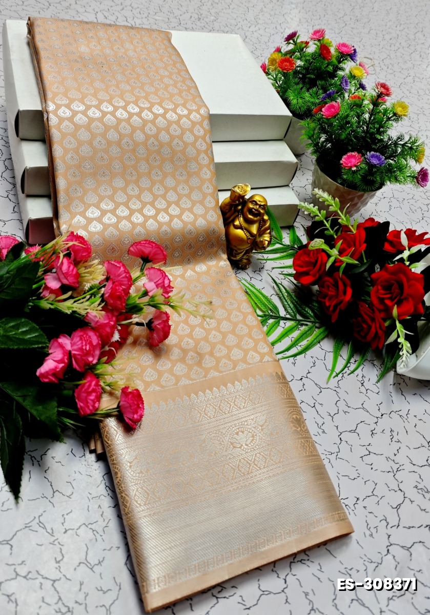 BRIDAL SILK GOLD SILVAR AND COPPER ZARI WEAVE AND WEDDING ART SILK SAREES - PEACH COLOUR (1)