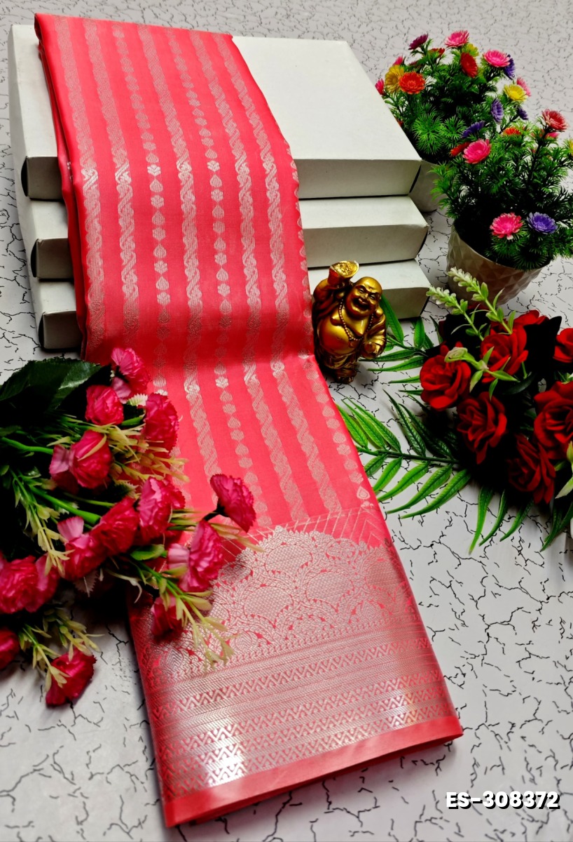 BRIDAL SILK GOLD SILVAR AND COPPER ZARI WEAVE AND WEDDING ART SILK SAREES - CORAL COLOUR (1)