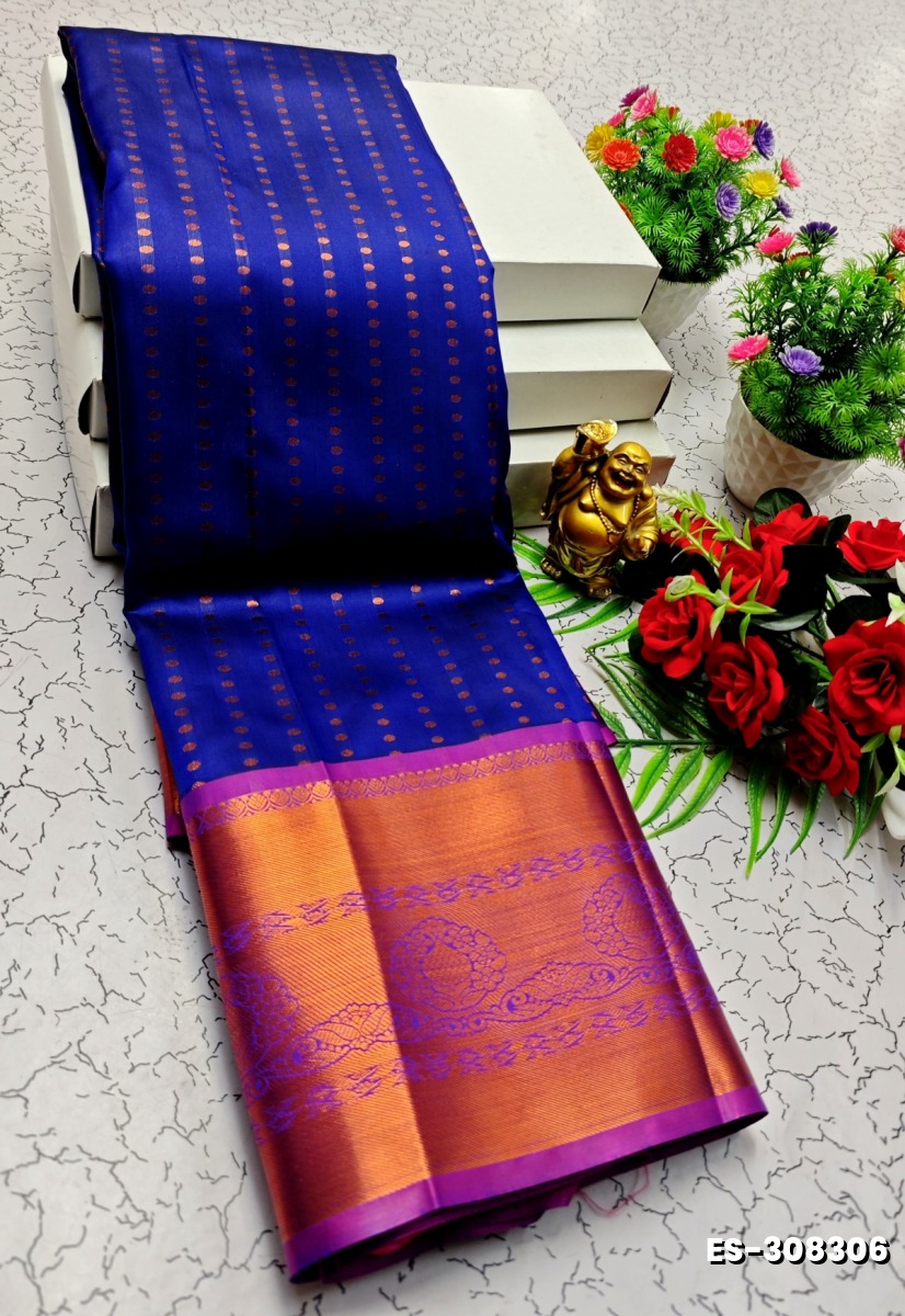 BRIDAL SILK GOLD SILVAR AND COPPER ZARI WEAVE AND WEDDING ART SILK SAREES - ROYAL BLUE (1)