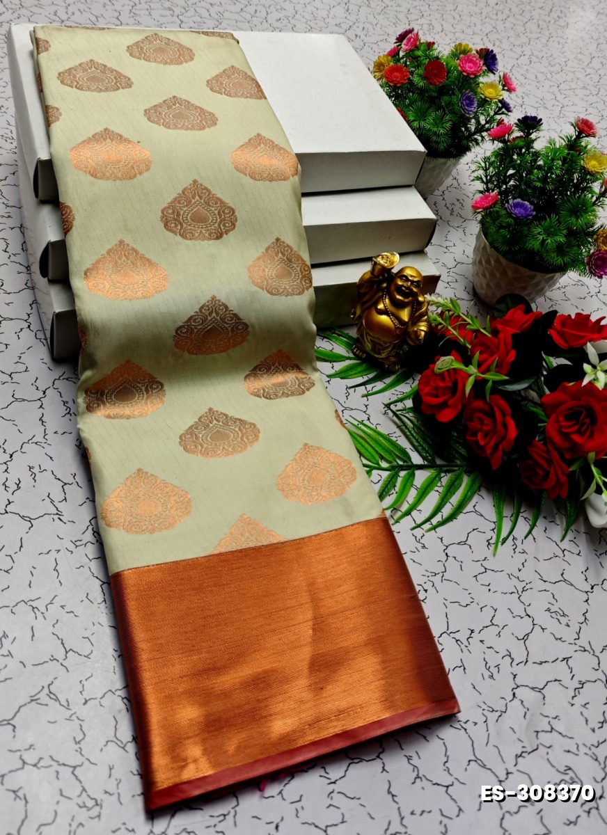 BRIDAL SILK GOLD SILVAR AND COPPER ZARI WEAVE AND WEDDING ART SILK SAREES - IVORY COLOUR (1)