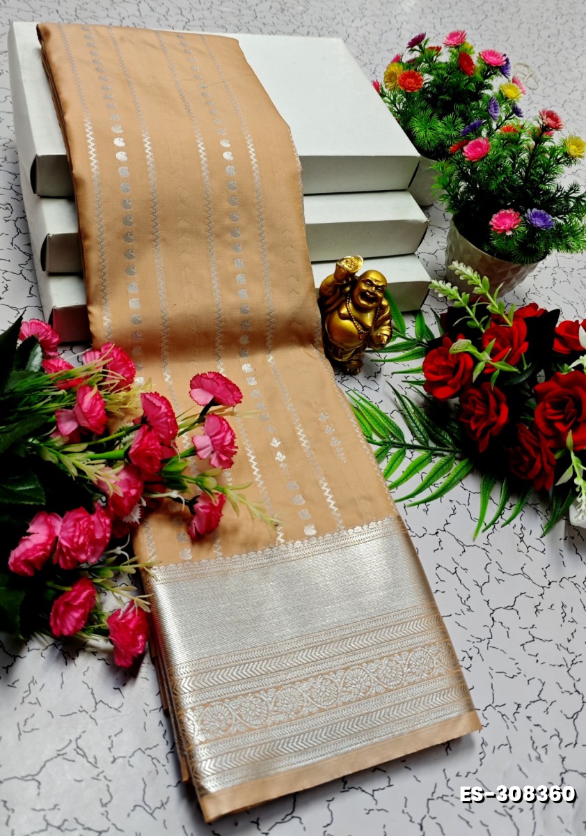 BRIDAL SILK GOLD SILVAR AND COPPER ZARI WEAVE AND WEDDING ART SILK SAREES - CREAM COLOR (2)