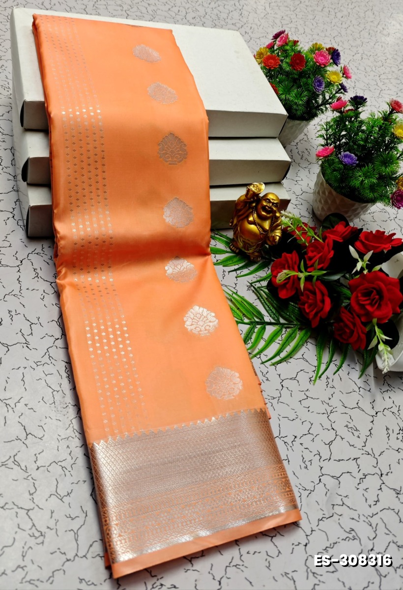 BRIDAL SILK GOLD SILVAR AND COPPER ZARI WEAVE AND WEDDING ART SILK SAREES - ORANGE