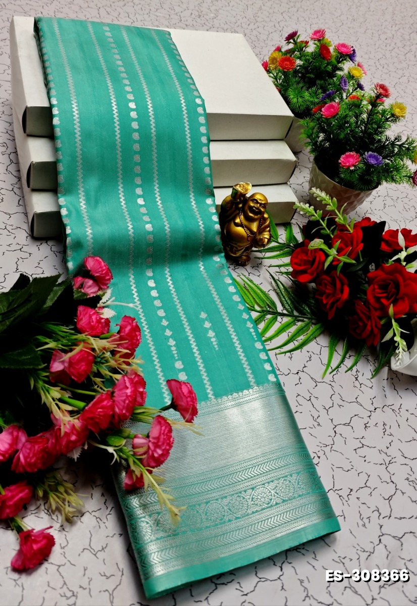 BRIDAL SILK GOLD SILVAR AND COPPER ZARI WEAVE AND WEDDING ART SILK SAREES - TUQUOISE