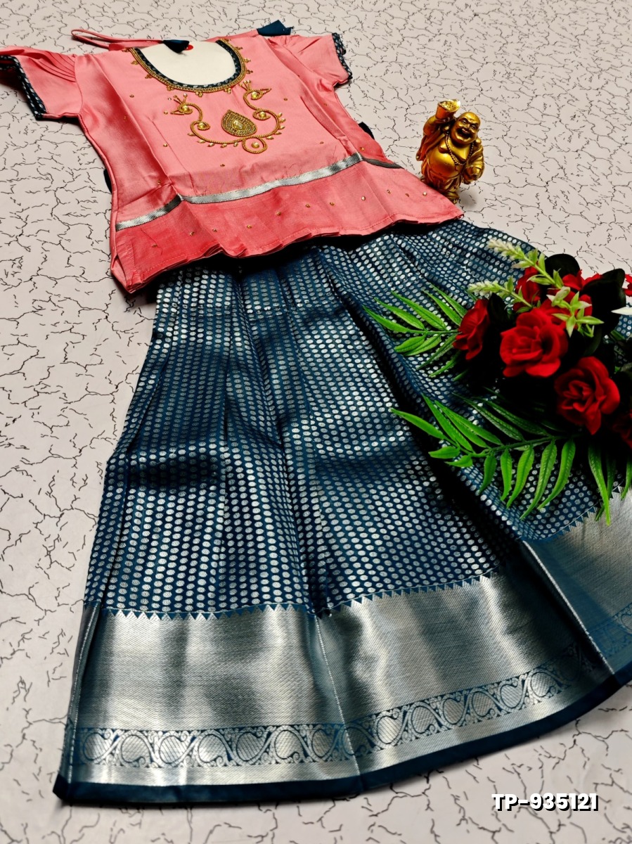 FESTIVAL AND FUNCTION WEAR TRADITIONAL KIDS PATTU PAVADAI STONE WORK DESIGN - BABY PINK (2)
