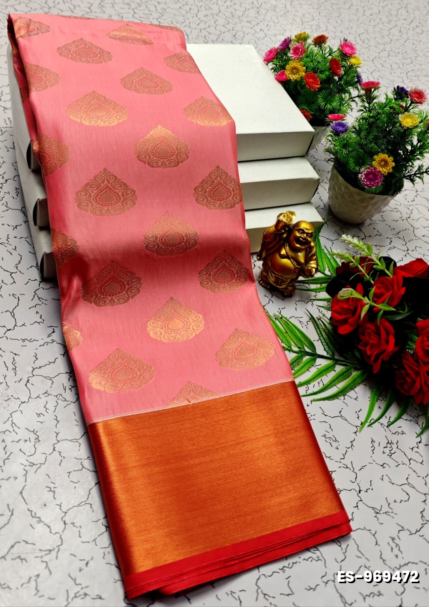 BRIDAL SILK GOLD SILVAR AND COPPER ZARI WEAVE AND WEDDING ART SILK SAREES - CORAL COLOUR (2)